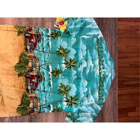 NWT Men’s RJC Hawaiian Shirt Large Blue Beach Made in Hawaii - Picture 4 of 4